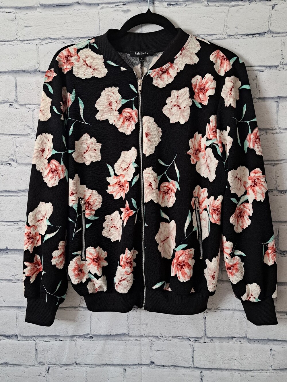 Relativity Black Floral Bomber Jacket with Pink Blooms Medium